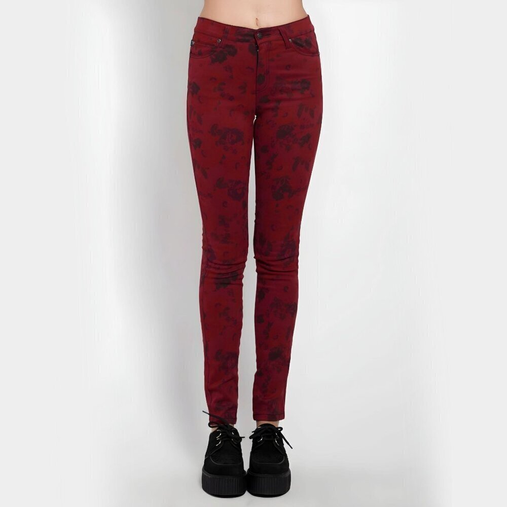 Tripp NYC ✦ Wine Red Skinny Jeans ✦ Black Floral Print High Waist Stretch 26 NWT - Picture 1 of 7